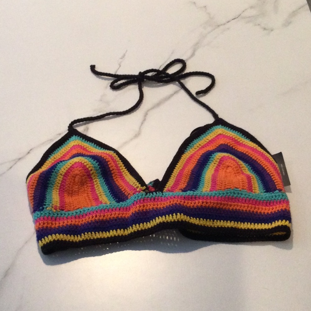 NWT Forever 21 multicolored crochet halter crop or bikini top, small.